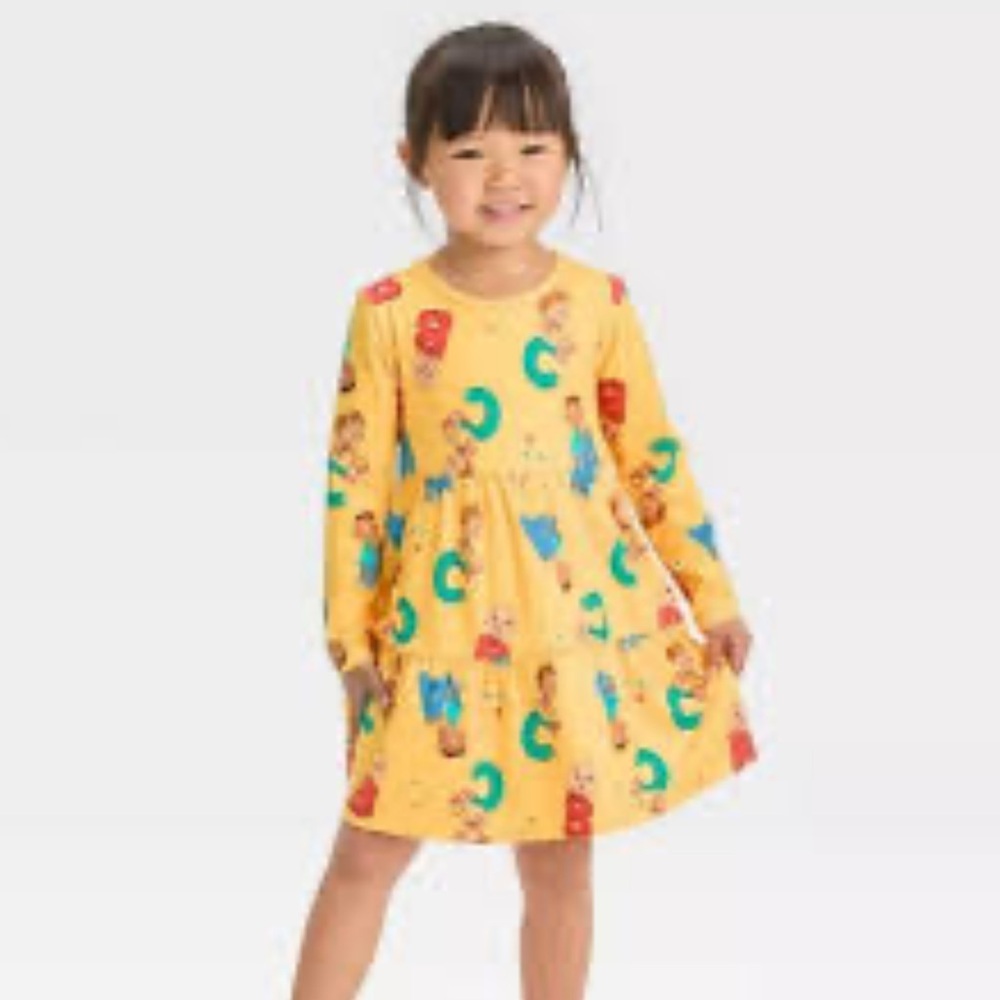 COCOMELON Yellow Cartoon Print Long Sleeve Dress- Size 5T-  Fun Playful Design